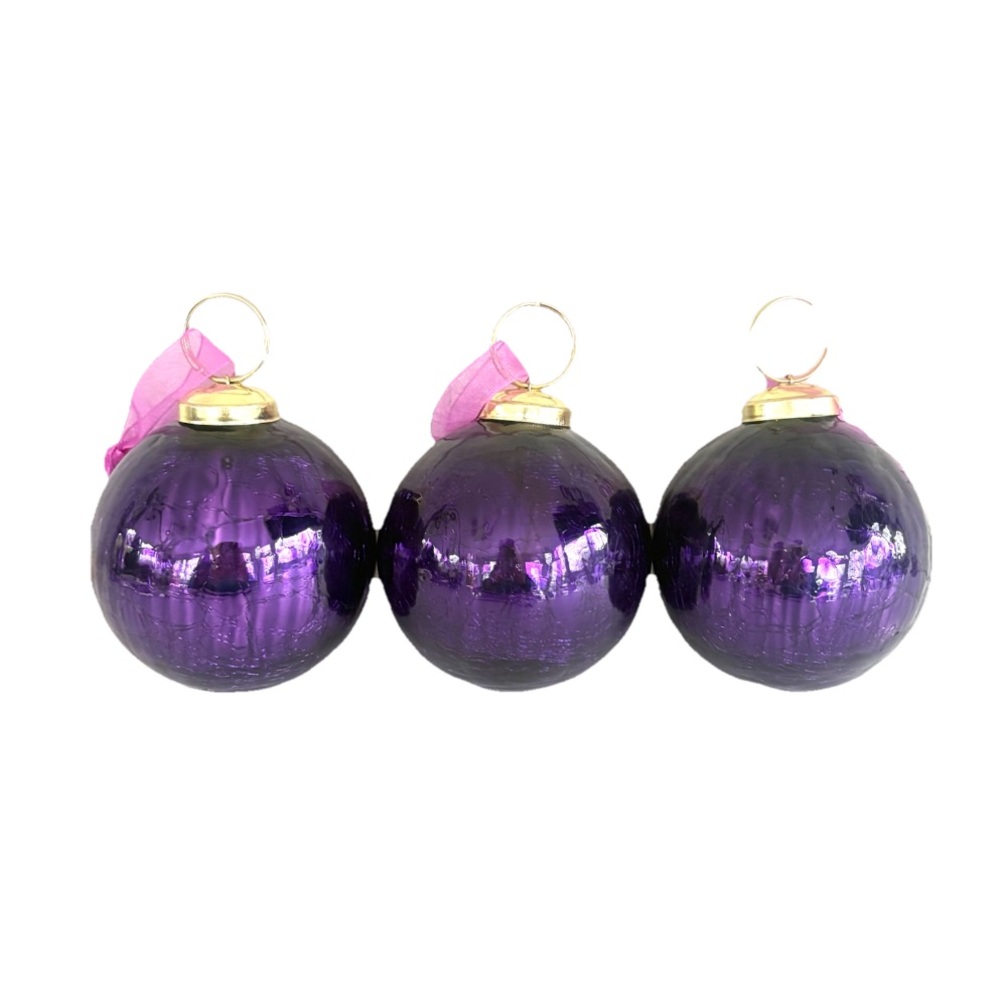 Christmas Tree Balls Heavy Kugel Purple Crackle Glass Ornaments Set 3